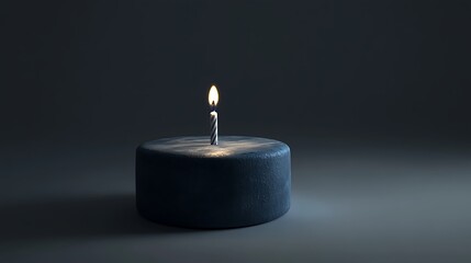 A minimalistic blue cream birthday cake with a single candle, positioned in front of a solid background, with space for text.