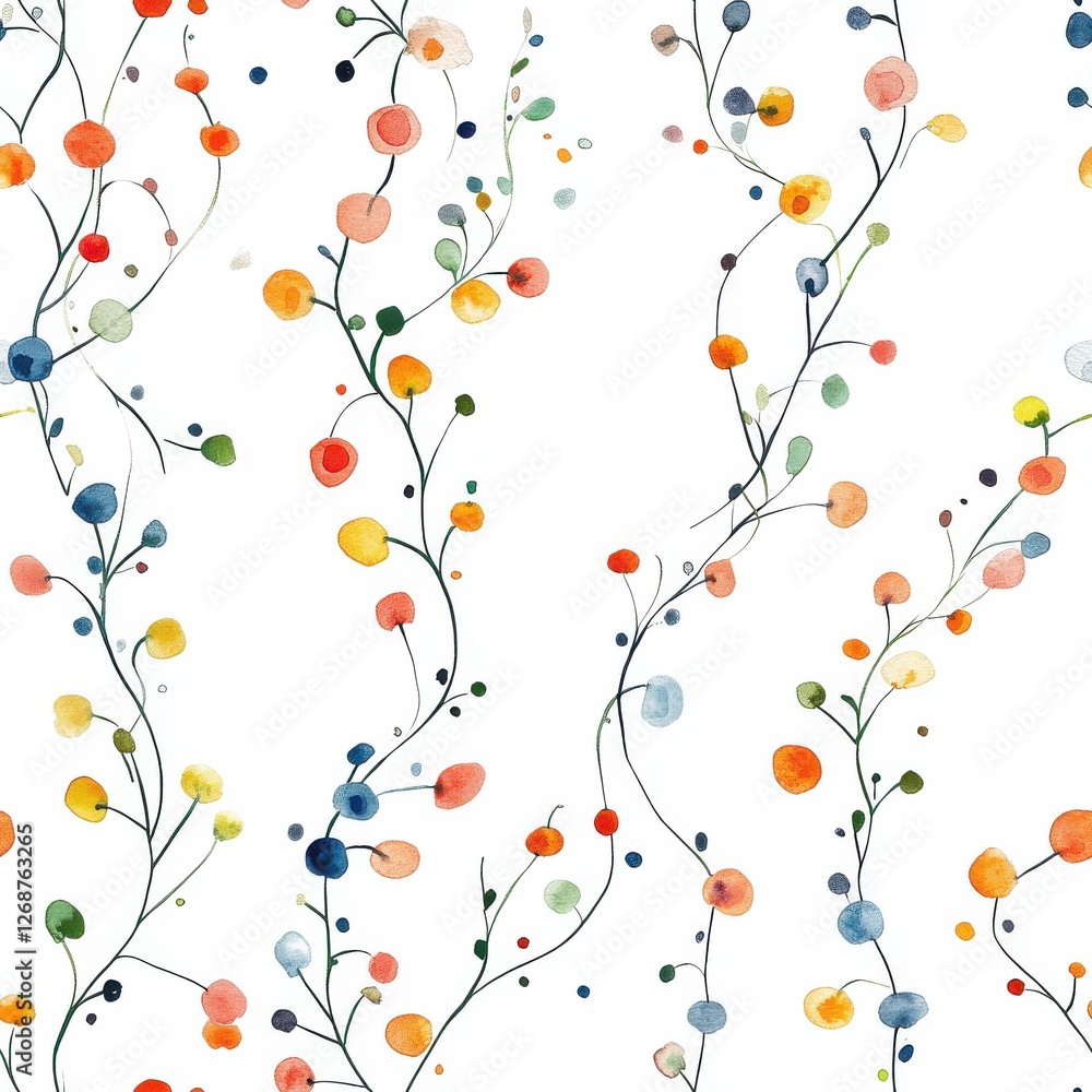 Poster whimsical watercolor doodles of colorful branches and leaves dancing playfully across a light backgr