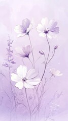 Whimsical sketch of delicate white flowers surrounded by soft lavender hues in a serene garden setting