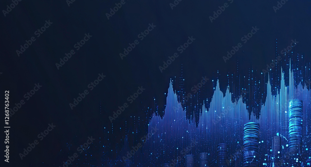 Poster abstract visualization of data fluctuation and financial growth showing a dynamic cityscape of blue 