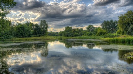 Fototapeta premium Captivating Still Water Reflection with Clouds and Greenery
