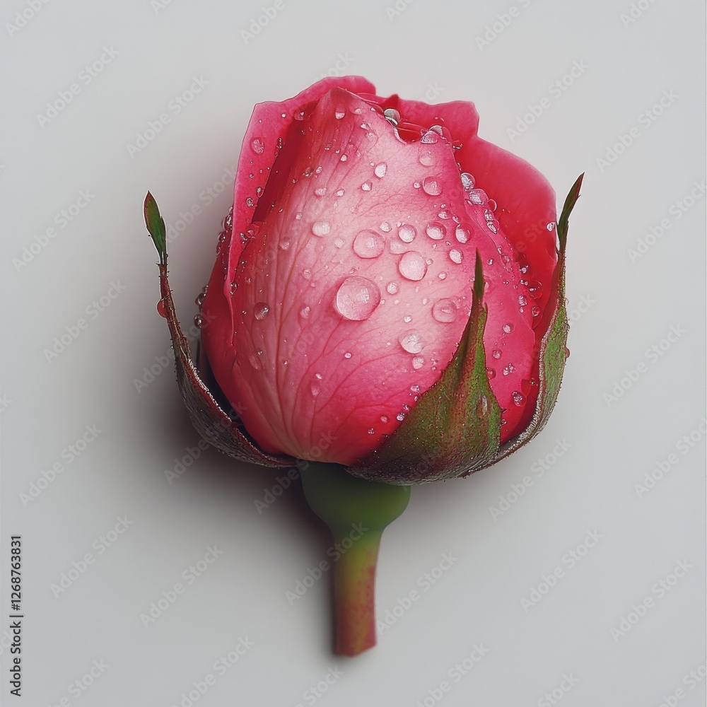 Aufkleber vibrant pink rosebud adorned with dewdrops resting on a smooth surface at dawn