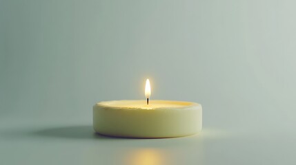 A minimalist pastel yellow cake with smooth frosting, a single candle in the center, agnst a white background with ample space for text.