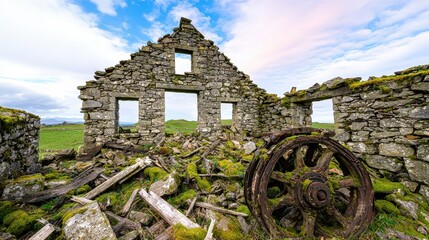 Obraz premium Ruined Abandoned House Concept, Moss-Covered Ruins of a Sturdy Stone Cottage Against a Beautiful Sky