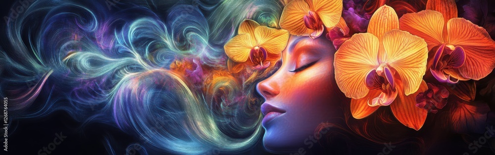 Poster vibrant woman's face adorned with colorful flowers and swirling patterns in a dreamlike setting