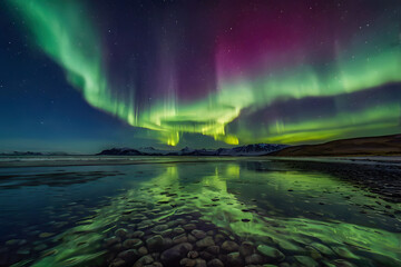 Naklejka premium Aurora northern lights in night sky with starry sky over arctic mountains reflecting on ice shore landscape, aurora borealis is a beautiful arctic polar nature phenomenon for a travel destination