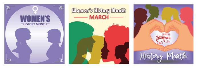 Fototapeta premium Silhouettes and Feminist Symbol. Diverse Female Profilest. Happy Women's Day and History Month.
