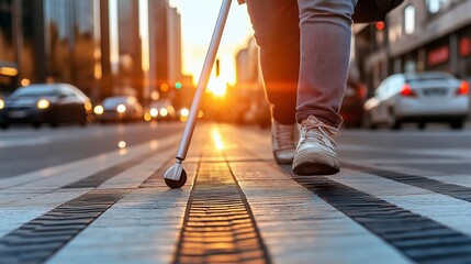 Walking confidently across the crosswalk at sunset as vibrant city life unfolds around. Generative AI