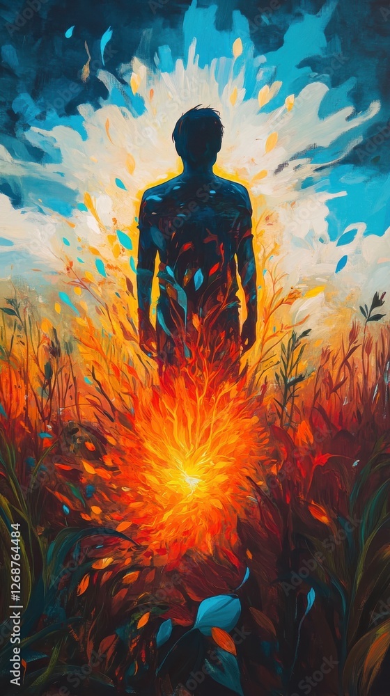 Aufkleber vibrant silhouette of a man surrounded by dynamic colors and flames at sunset in an open field
