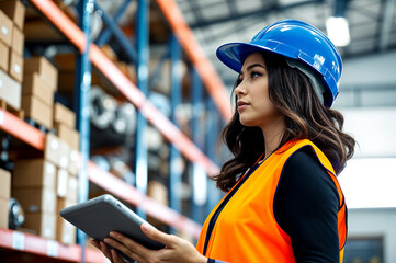 Woman in a warehouse wearing a hard hat uses a tablet.
