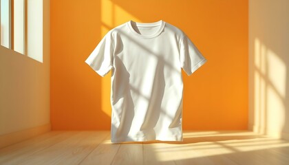 Una camiseta blanca sobre una maqueta de piso de madera © Monster