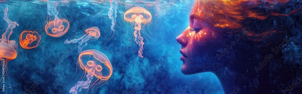 Poster surreal glowing representation of a woman underwater surrounded by luminous jellyfish during twiligh