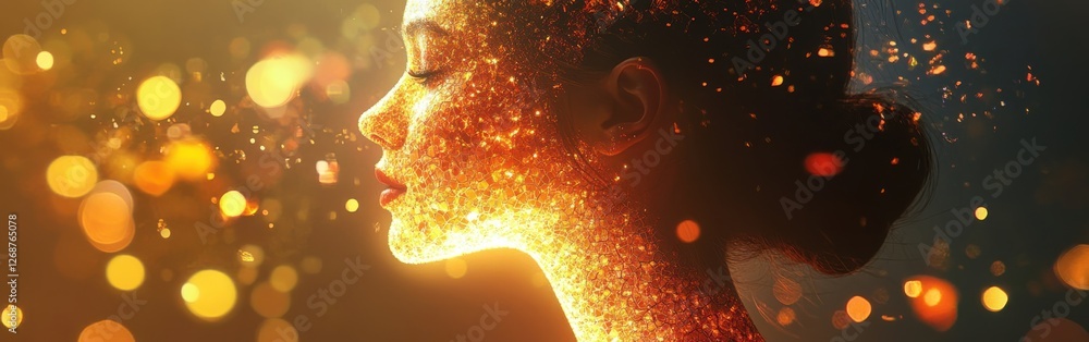 Poster Surreal glowing woman against a vibrant background of golden light and sparkling particles in an ethereal setting