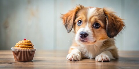 Adorable Puppy with Chocolate Cupcake - Sweet Treat Stock Photo