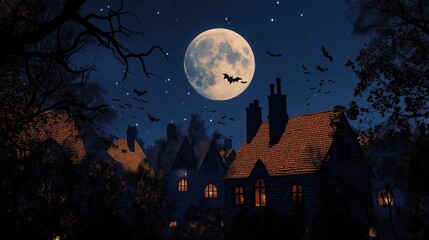 Fototapeta premium 3D rendering night scene with a full moon in the background. The sky is dark blue with a few stars scattered around. In the foreground, there are several houses with orange roofs and chimneys.