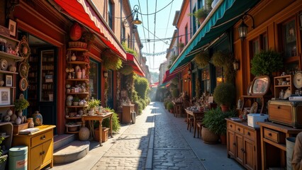 Fototapeta premium Crowded flea market, Vintage market street with colorful stalls and retro antiques