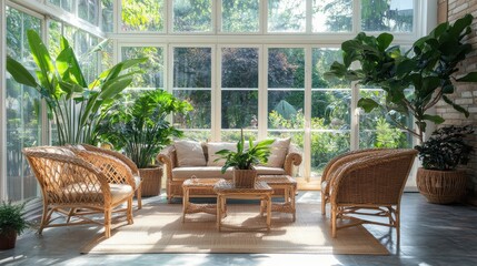 Sunroom filled with natural wicker furniture and vibrant plants, offering a serene oasis of sunlight and greenery