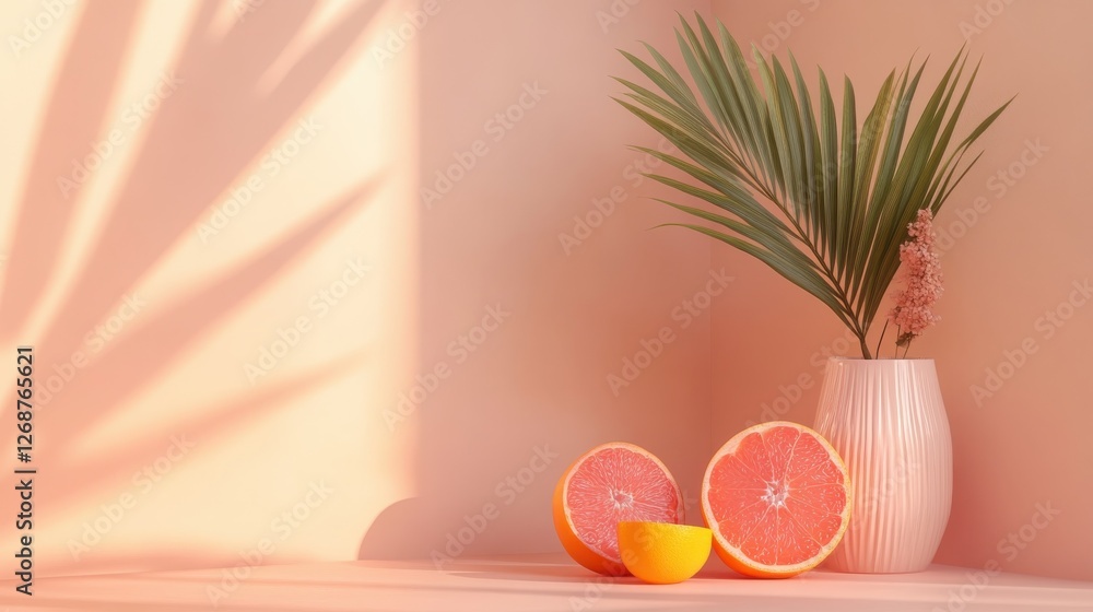 Poster bright and fresh citrus display with palm leaves against a soft peach background in a serene setting