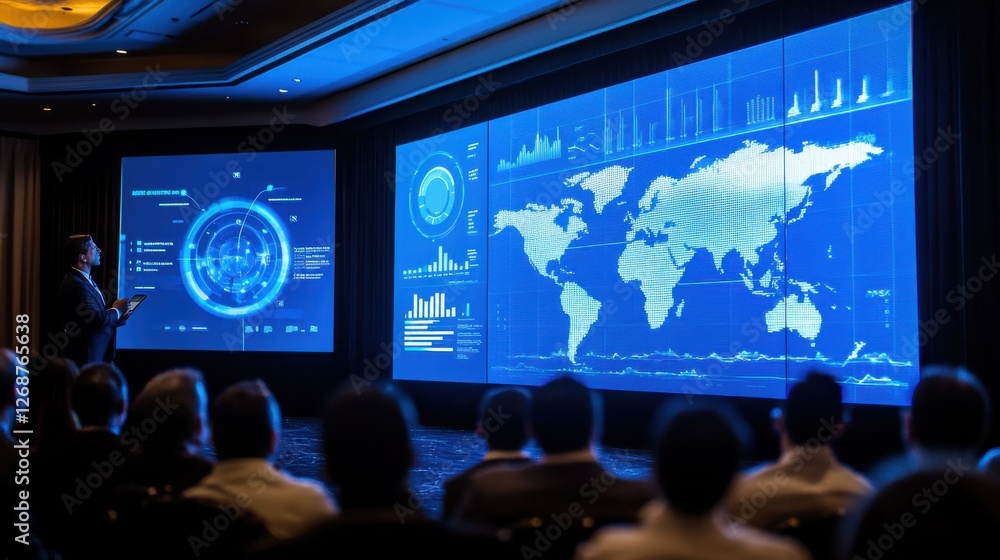 Poster innovative technology conference features data presentation in sophisticated setting
