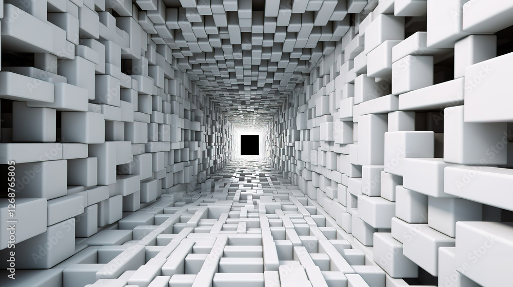 Poster white cubes in perspective forming an endless tunnel in a mosaic patterned