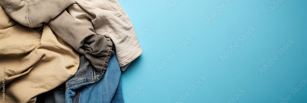 Poster comparison of dirty clothes versus freshly laundered clothes with space for text on a blue backgroun