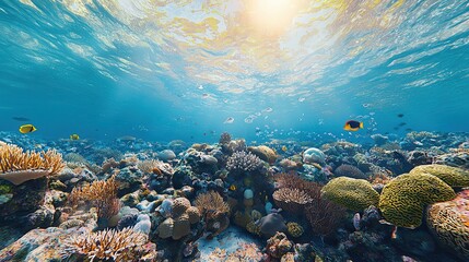 Obraz premium Vibrant Underwater Coral Reef Scene with Colorful Fish