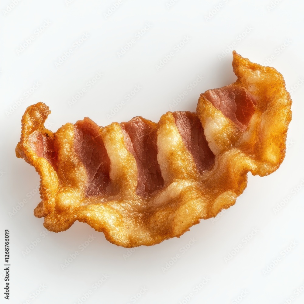 Poster Crispy bacon strip with golden color served on a plain white plate emphasizing texture and detail in breakfast presentation