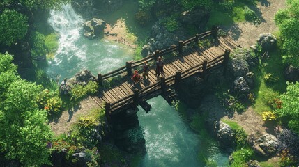 Group of adventurers crossing a wooden bridge over a tranquil stream in a lush, green landscape