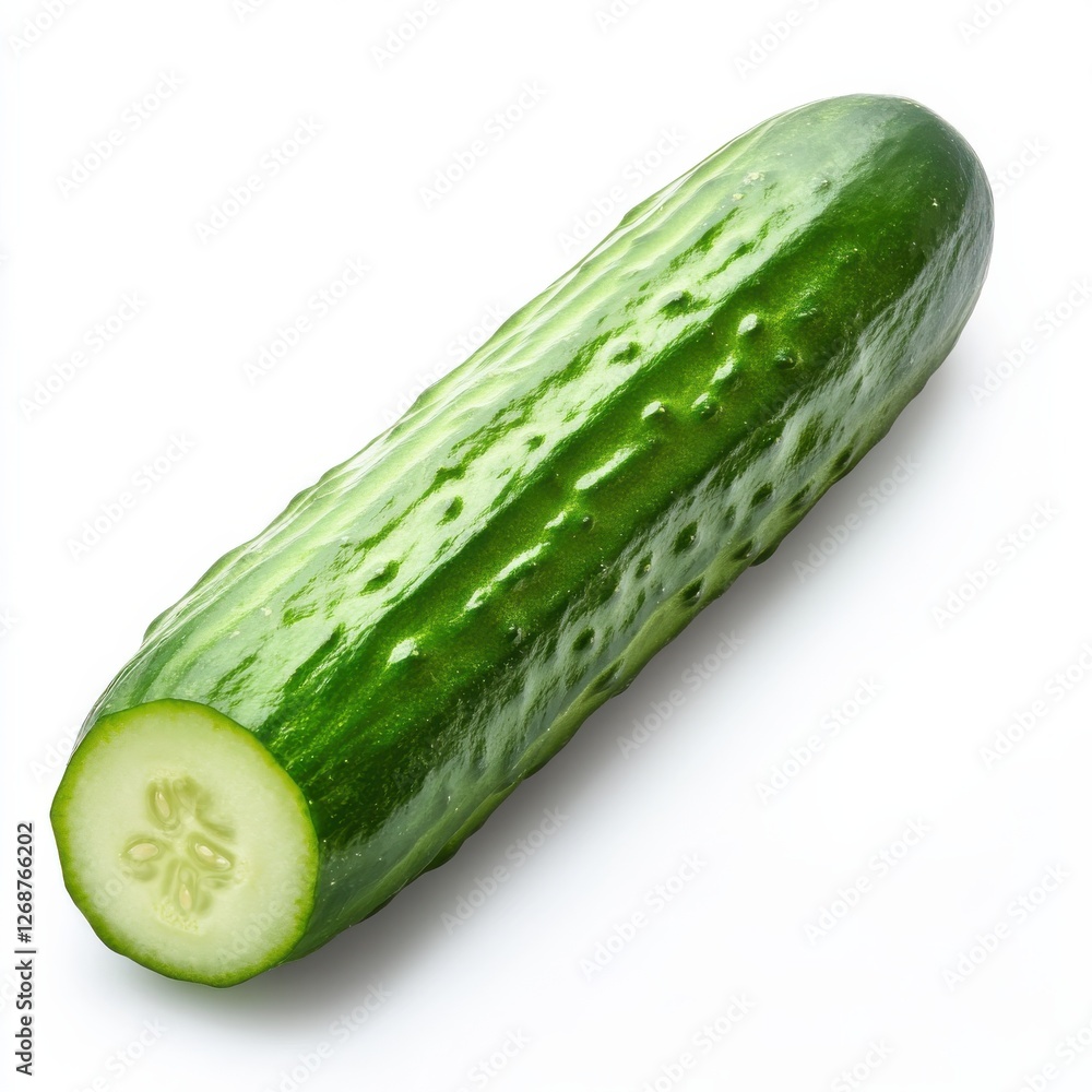 Poster Fresh cucumber slice with a moist texture on a clean surface ready for culinary use or healthy snacking