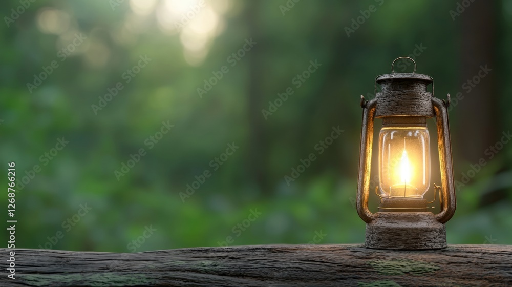 Poster a lantern with a lit candle sits on a log in a forest.