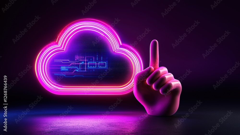 Poster neon cloud with digital elements and pointing hand in dark setting