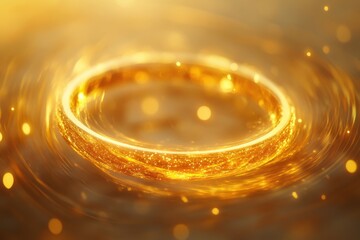 Golden halo angel ring on soft background with ethereal light trails portraying motion and energy. Captivating ellipse design featuring cosmic shimmer in radiant celestial ambiance