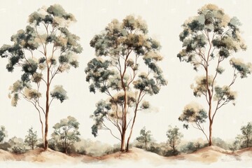 Fototapeta premium Eucalyptus trees series for nature lovers and sustainable designs featuring serene backgrounds and earthy tones