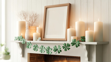 cozy fireplace mantel decorated with candles and shamrocks