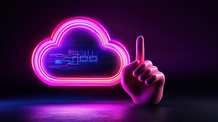 Neon cloud with digital elements and pointing hand in dark setting