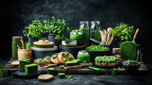 vibrant display of green themed food and plants for St. Patrick Day