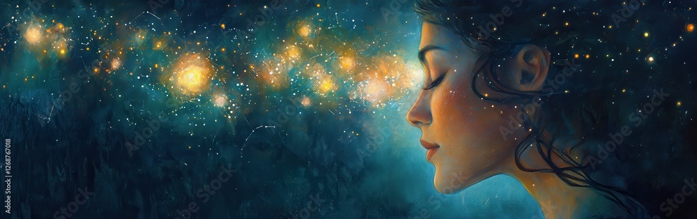 Poster serene portrait of a glowing woman in an ethereal cosmic setting during twilight hours