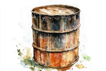 Obraz premium Rustic oil barrel watercolor illustration featuring intricate texture on bright backdrop ideal for energy and environmental themes