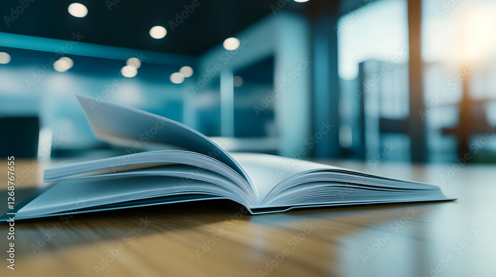 Poster an open book lies on a wooden table in a modern office setting with soft lighting.