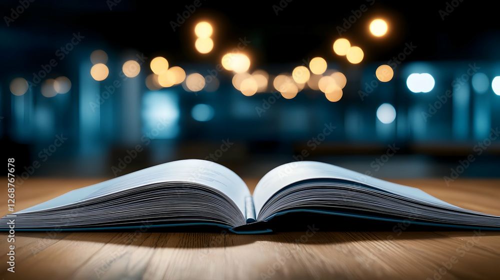 Poster an open book on a wooden table with soft glowing lights in the background.