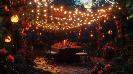Obraz premium Cozy outdoor dining space adorned with vibrant flowers and twinkling lights at dusk