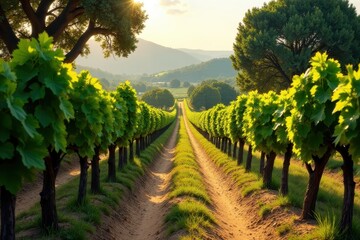 Sunlit Vineyard Pathway Lush Green Grapevines Leading to a Serene Rural Landscape at Golden Hour