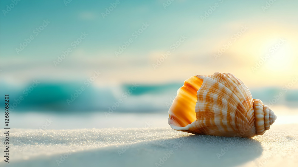 Poster a beautiful seashell resting on a sandy beach with gentle waves in the background.