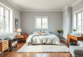 Cosy bedroom interior with modern and vintage furniture