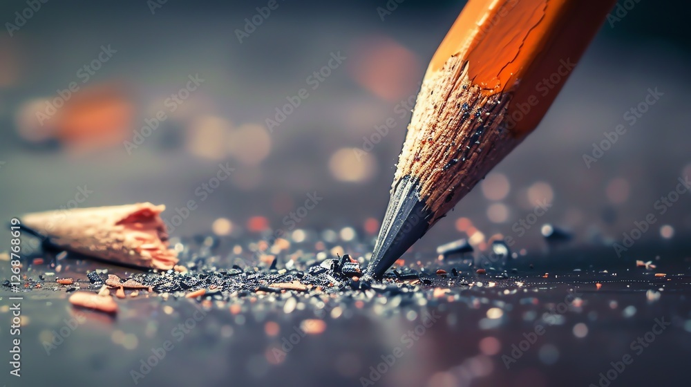 Poster a close-up image of a sharpened pencil with a broken tip. the pencil is lying on a dark surface, wit