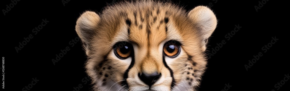 Poster close-up of a curious cheetah cub showcasing its expressive eyes and soft fur against a dark backgro