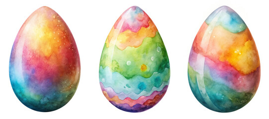 Colorful watercolor eggs, vibrant pastel hues, decorative design, spring celebration, artistic illustration, Easter themes.