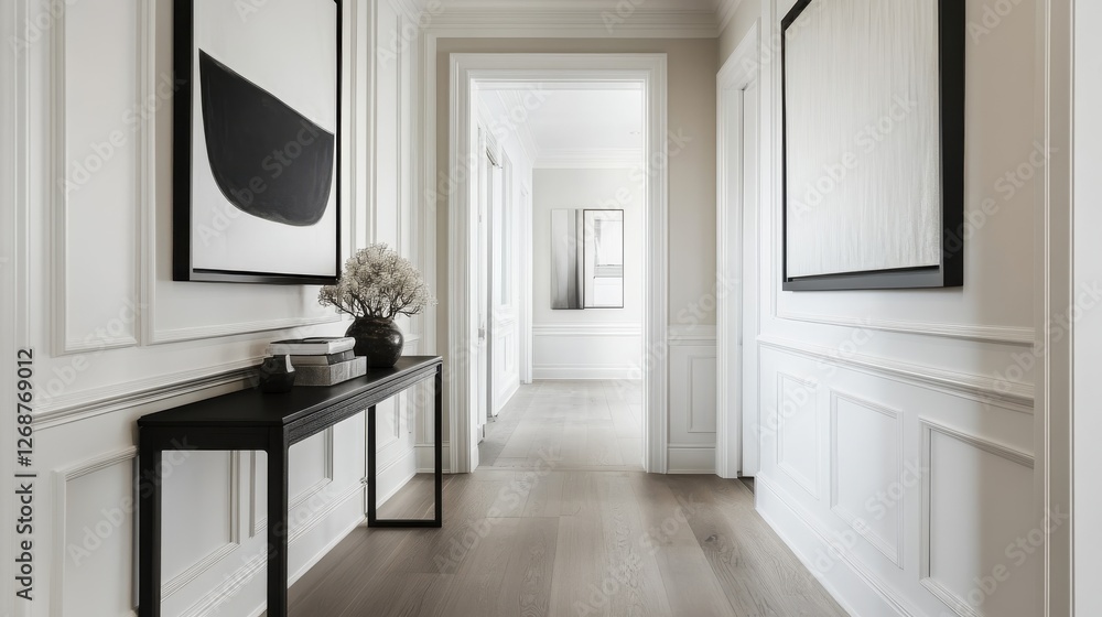 Poster sophisticated hallway featuring a sleek black console table and minimalistic artwork on white walls