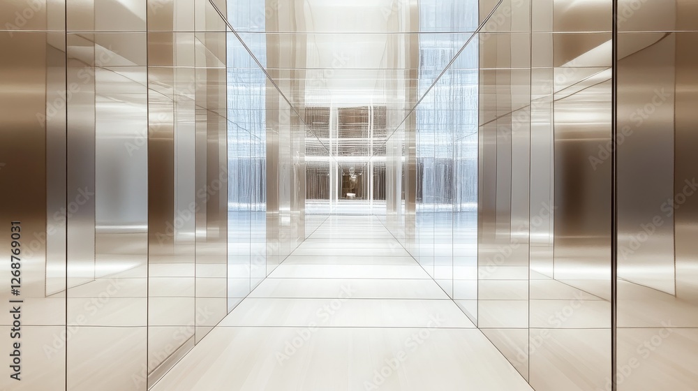 Fototapete Hallway with floor-to-ceiling mirror creating a reflection of light and space in a modern environment