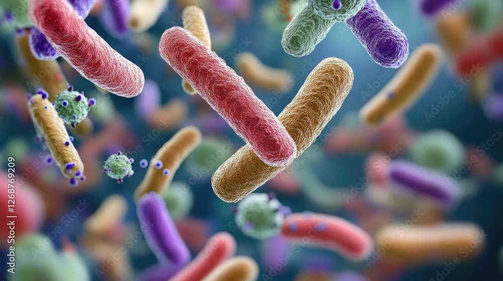 Poster a close-up of a microscope view showing a culture of bacteria and microorganisms.